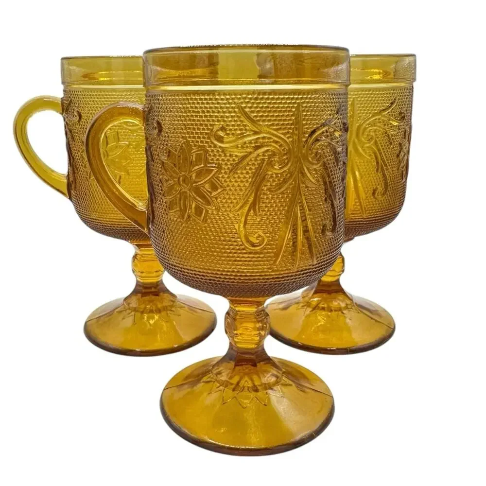 VTG Set of 3 70's Indiana Amber Glass Tiara Sandwich Goblet Mug Wine Water
